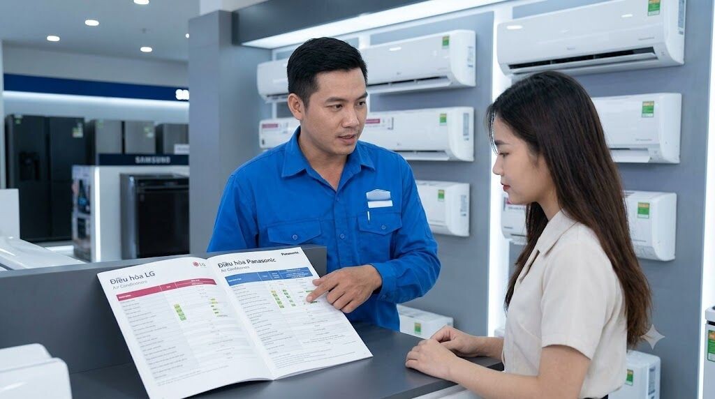 Kỹ thuật viên tư vấn khách hàng so sánh điều hòa LG và Panasonic