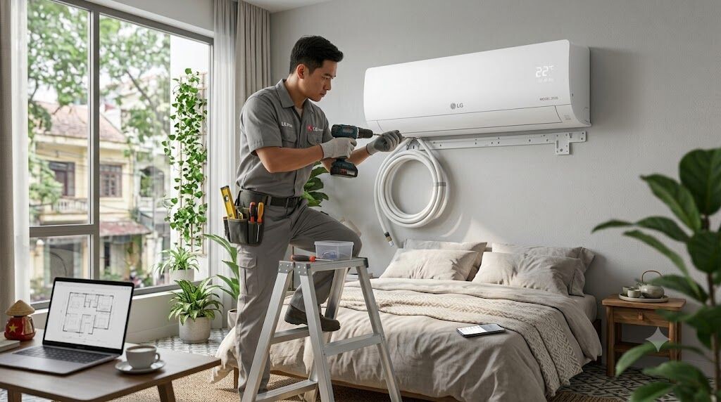 Kỹ thuật viên lắp đặt điều hòa LG 9000 BTU tại nhà khách hàng