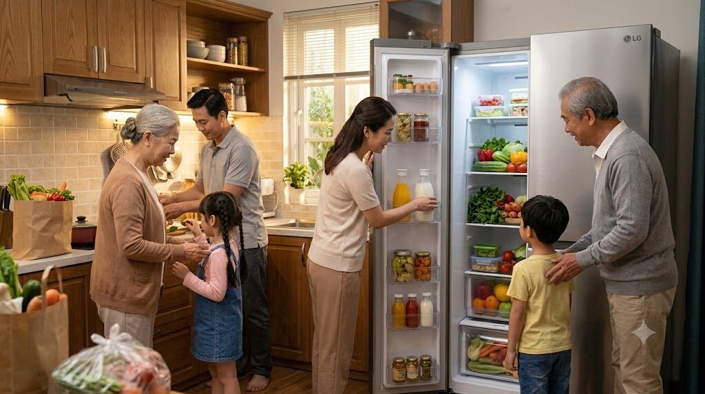 Gia đình nhiều người sắp xếp thực phẩm trong tủ lạnh LG cỡ lớn